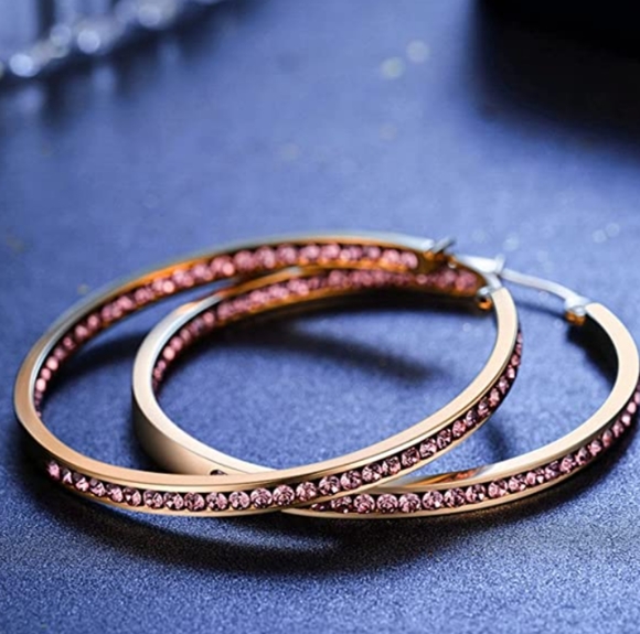 New Big Pink Gold Rhinestone Hoop Earrings Sparkle Crystal Channel CZ Hoops - Picture 5 of 6